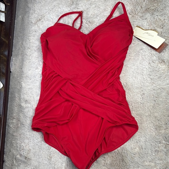 Gottex | Lattice V-Neck Criss Cross Ruched  One Piece Bathing Suit, Size 18 NWT - Picture 7 of 16